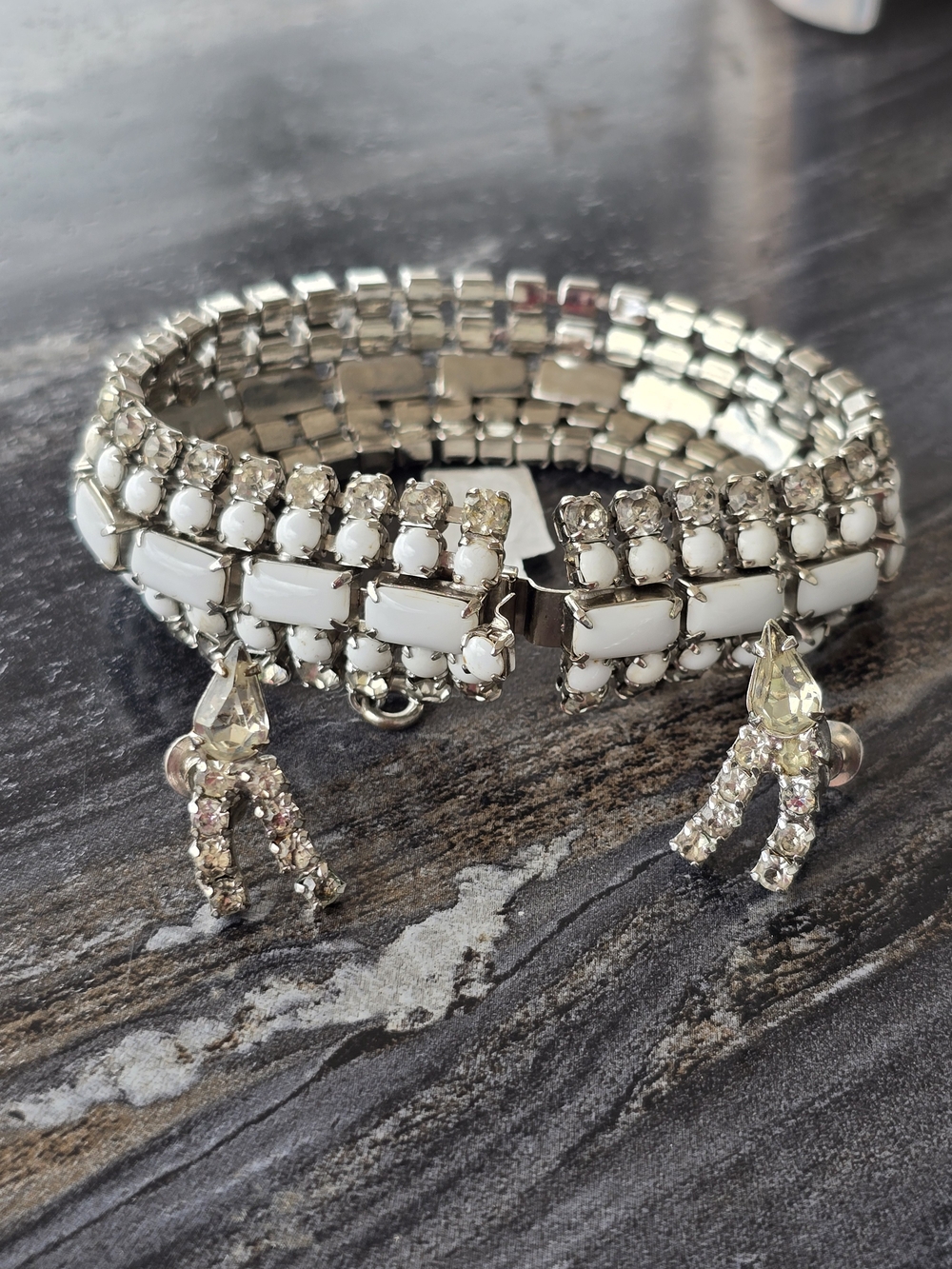 Vintage White Milk Glass & Crystal Bracelet with Dangle Crystal Screw On Earring